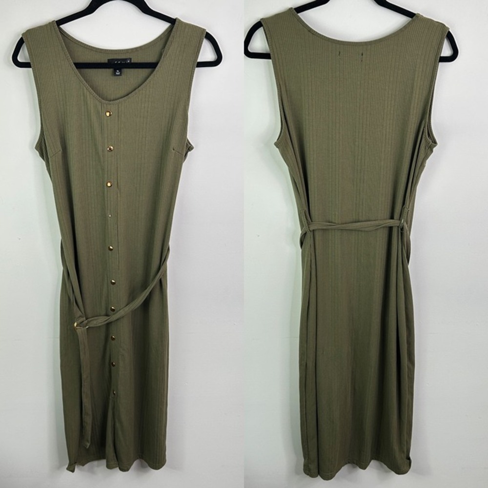 Say What? Olive Green Ribbed Knit Sleeveless Midi Dress Button Front‎ XL